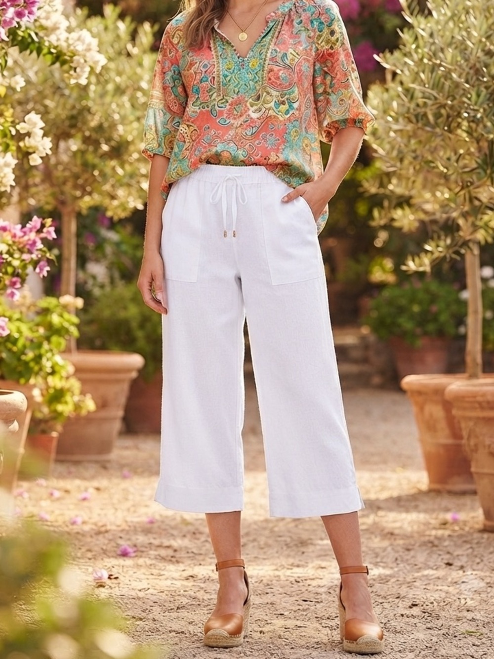Land N’ Sea Linen Blend Wide Leg Cropped Pants 2X White NWT